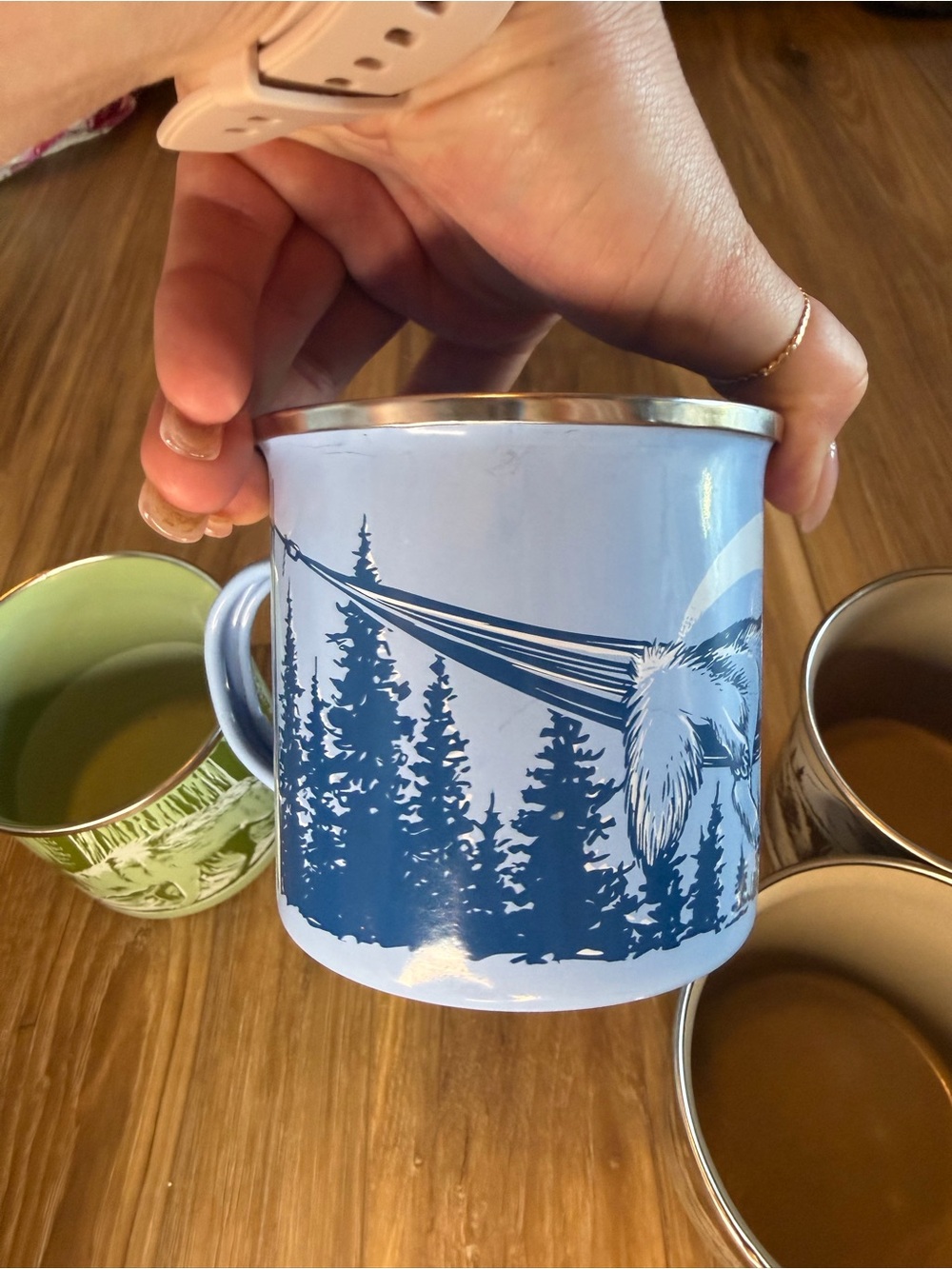 Outdoor Wildlife Enamel Camping Mugs - Set of 4 (Blue, Tan, Green) - Picture 7 of 10